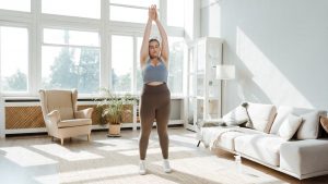 A woman practices stretching exercises in a sunlit living room, promoting wellness and healthy lifestyle.